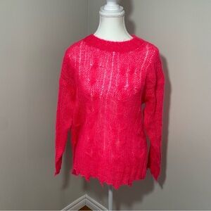 Anthropologie The Posey Stitchy Distressed Open Knit Wool Sweater Pink Small